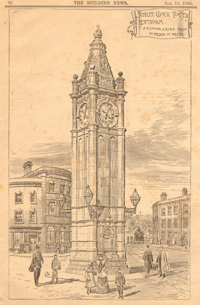 Jubilee Clock Tower, Lewisham. By A.R. Gough, ARIBA Archt, Bristol 1900 print